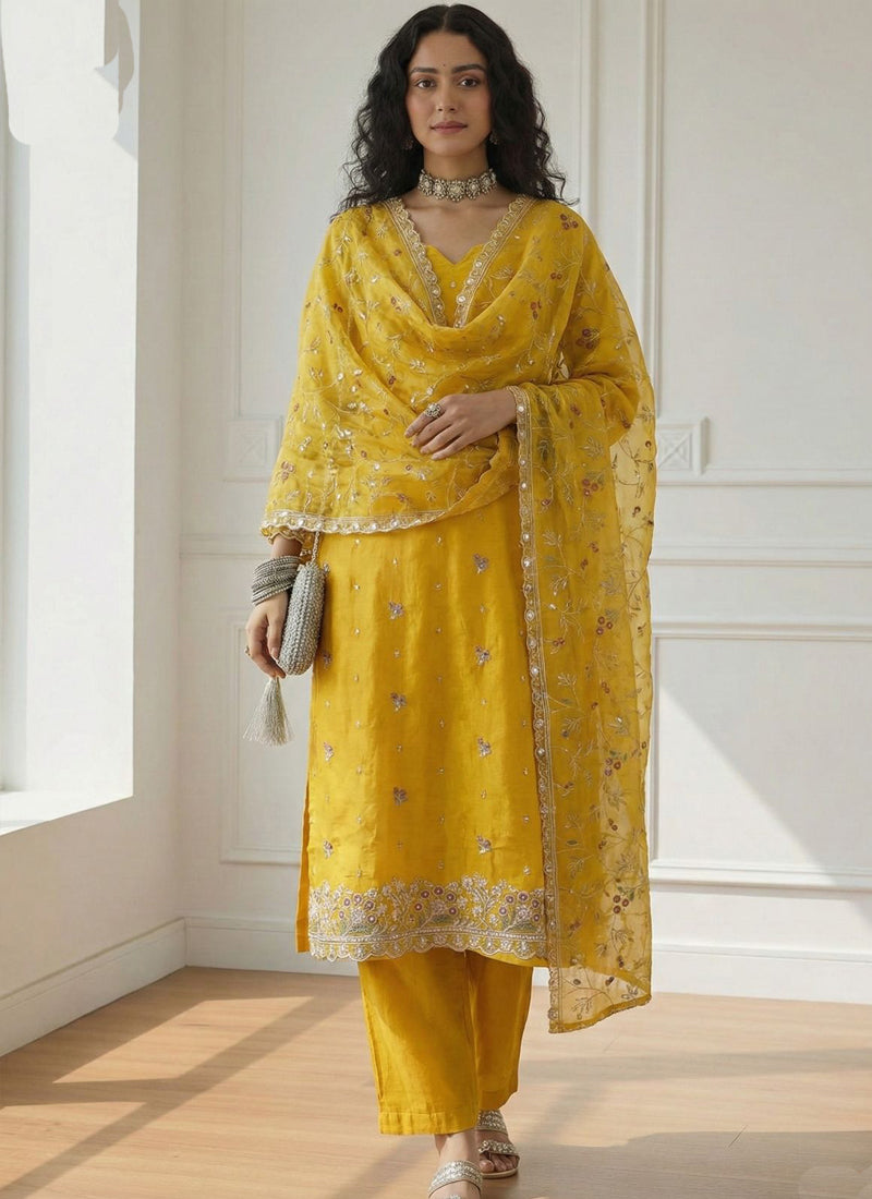 Vegaa Fashion Yellow Shimmer Organza Embroidered Party Wear Suit | Grocsy