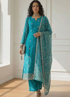 Vegaa Fashion Sky Blue Shimmer Organza Embroidered Party Wear Suit | Grocsy