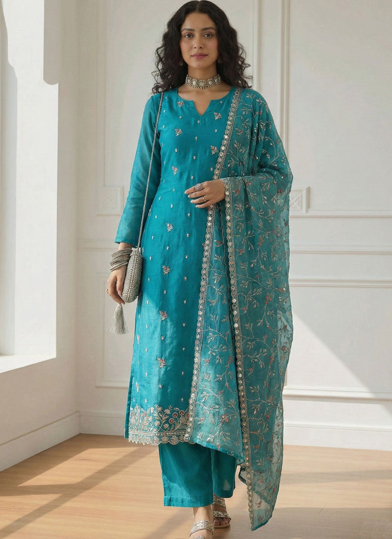 Vegaa Fashion Sky Blue Shimmer Organza Embroidered Party Wear Suit | Grocsy