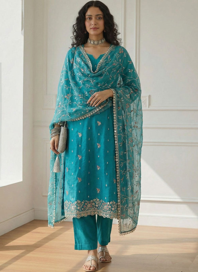 Vegaa Fashion Sky Blue Shimmer Organza Embroidered Party Wear Suit | Grocsy