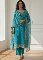 Vegaa Fashion Sky Blue Shimmer Organza Embroidered Party Wear Suit | Grocsy