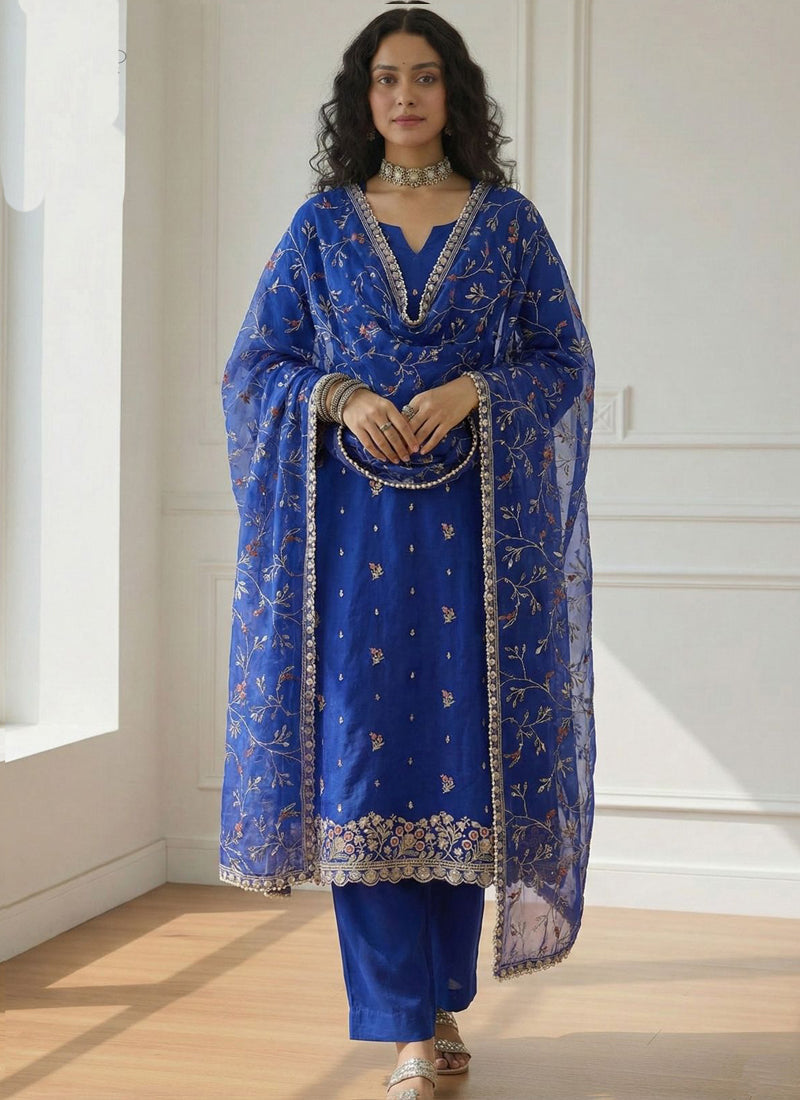 Vegaa Fashion Blue Shimmer Organza Embroidered Party Wear Suit | Grocsy