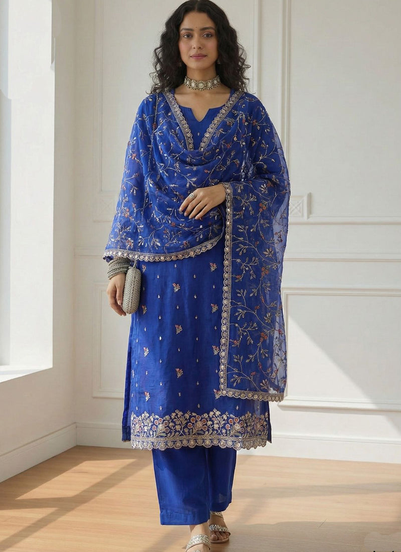 Vegaa Fashion Blue Shimmer Organza Embroidered Party Wear Suit | Grocsy