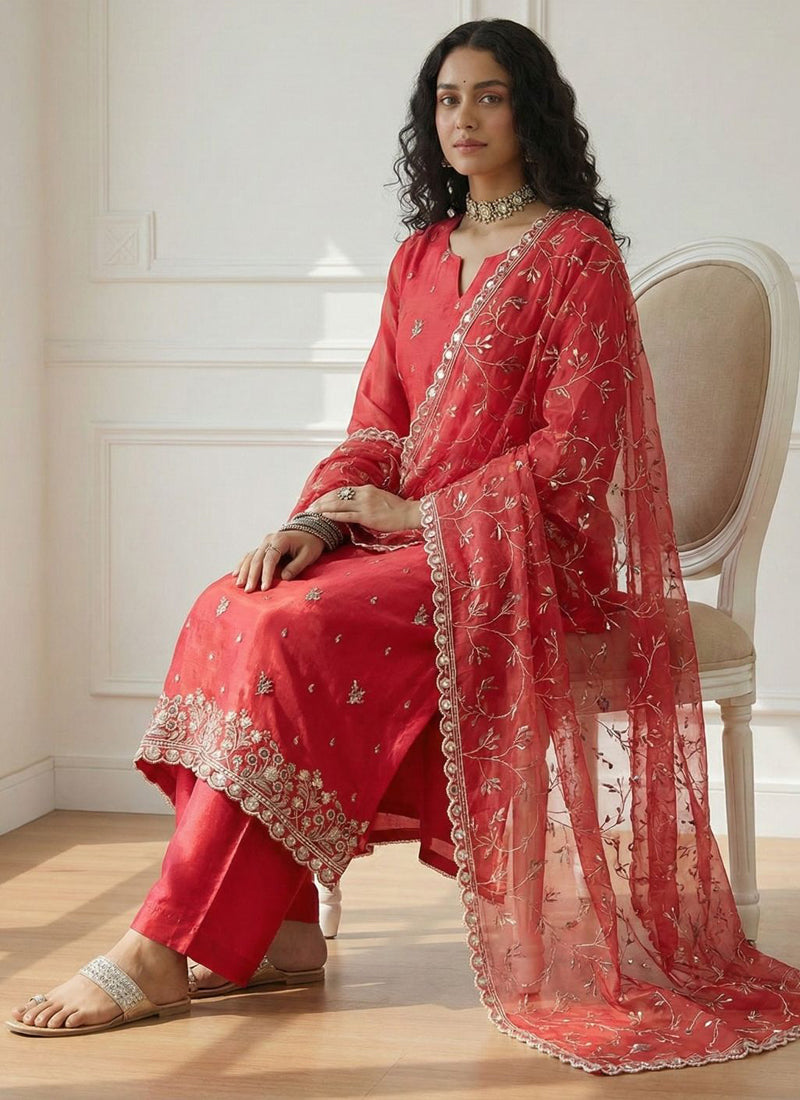 Vegaa Fashion Red Shimmer Organza Embroidered Party Wear Suit | Grocsy