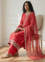 Vegaa Fashion Red Shimmer Organza Embroidered Party Wear Suit | Grocsy
