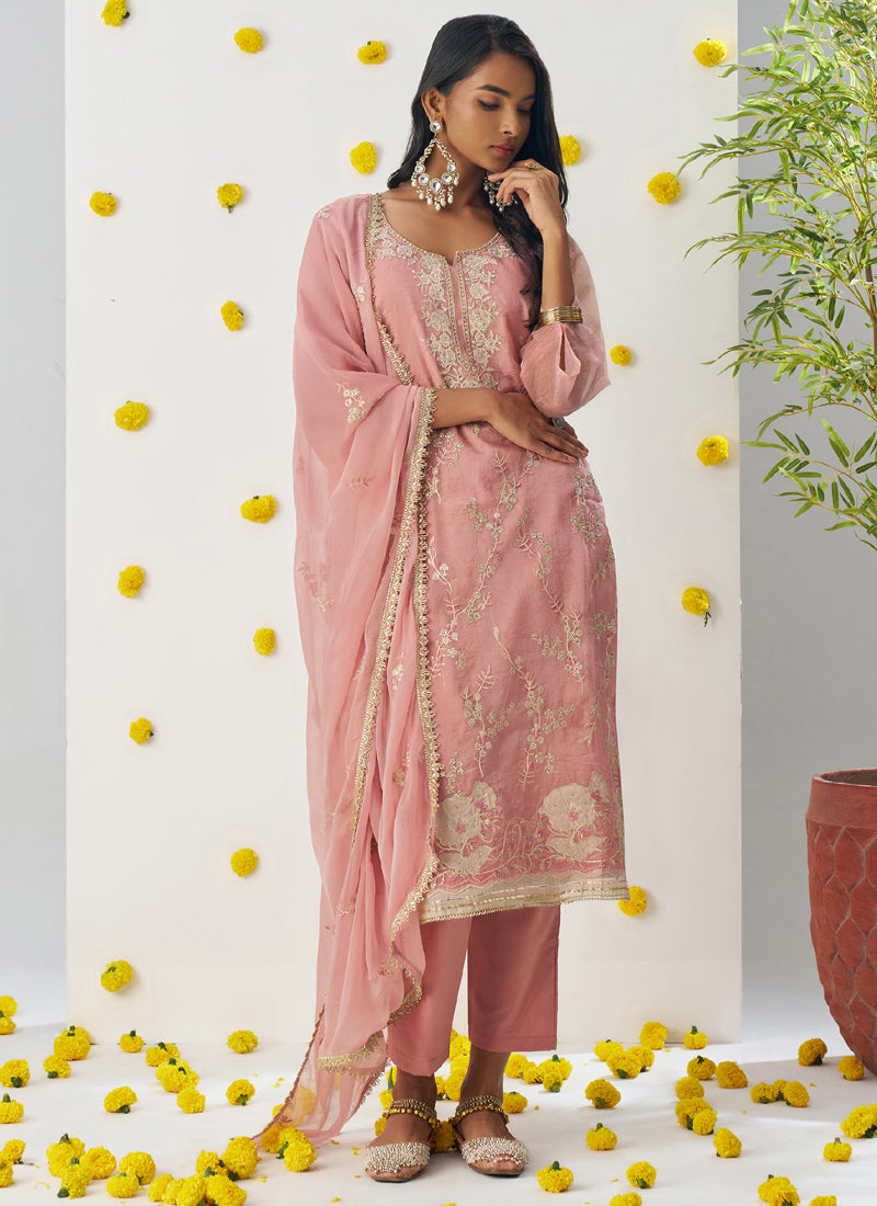 Vegaa Fashion Light Peach Organza Embroidered Salwar Suit | Grocsy