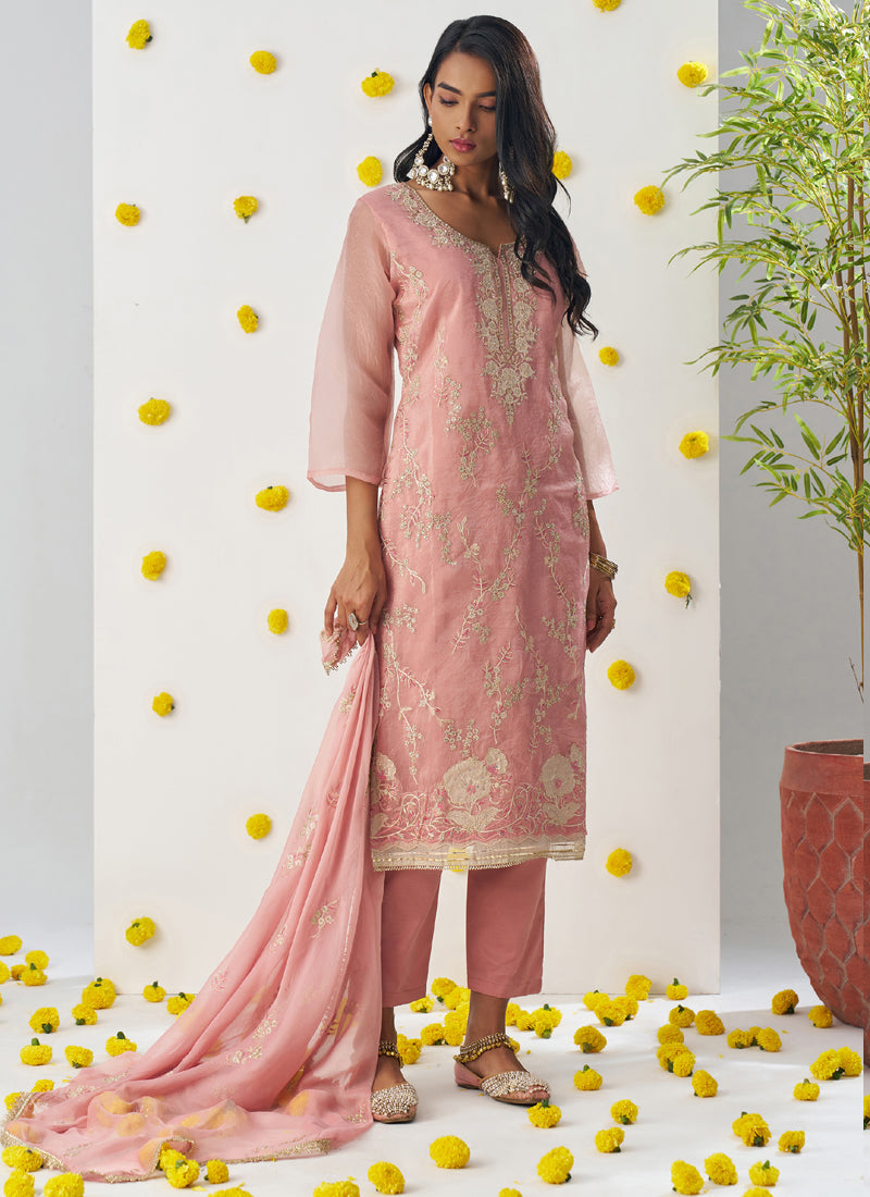 Vegaa Fashion Light Peach Organza Embroidered Salwar Suit | Grocsy