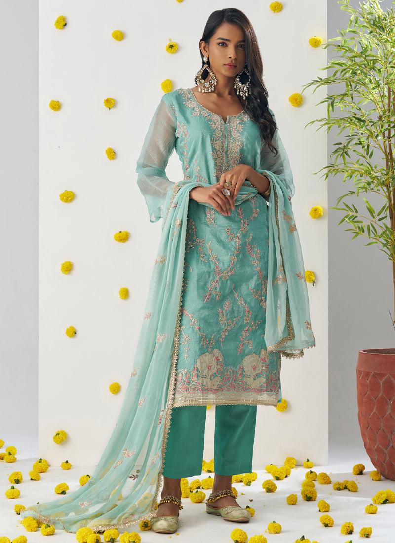 Vegaa Fashion Sky Blue Organza Embroidered Salwar Suit | Grocsy