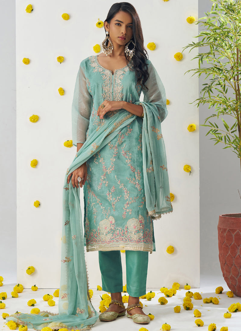 Vegaa Fashion Sky Blue Organza Embroidered Salwar Suit | Grocsy