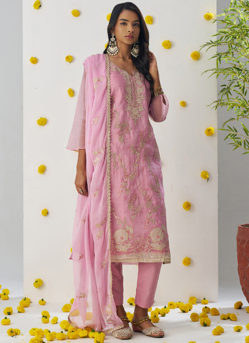 Vegaa Fashion Baby Pink Organza Embroidered Salwar Suit | Grocsy