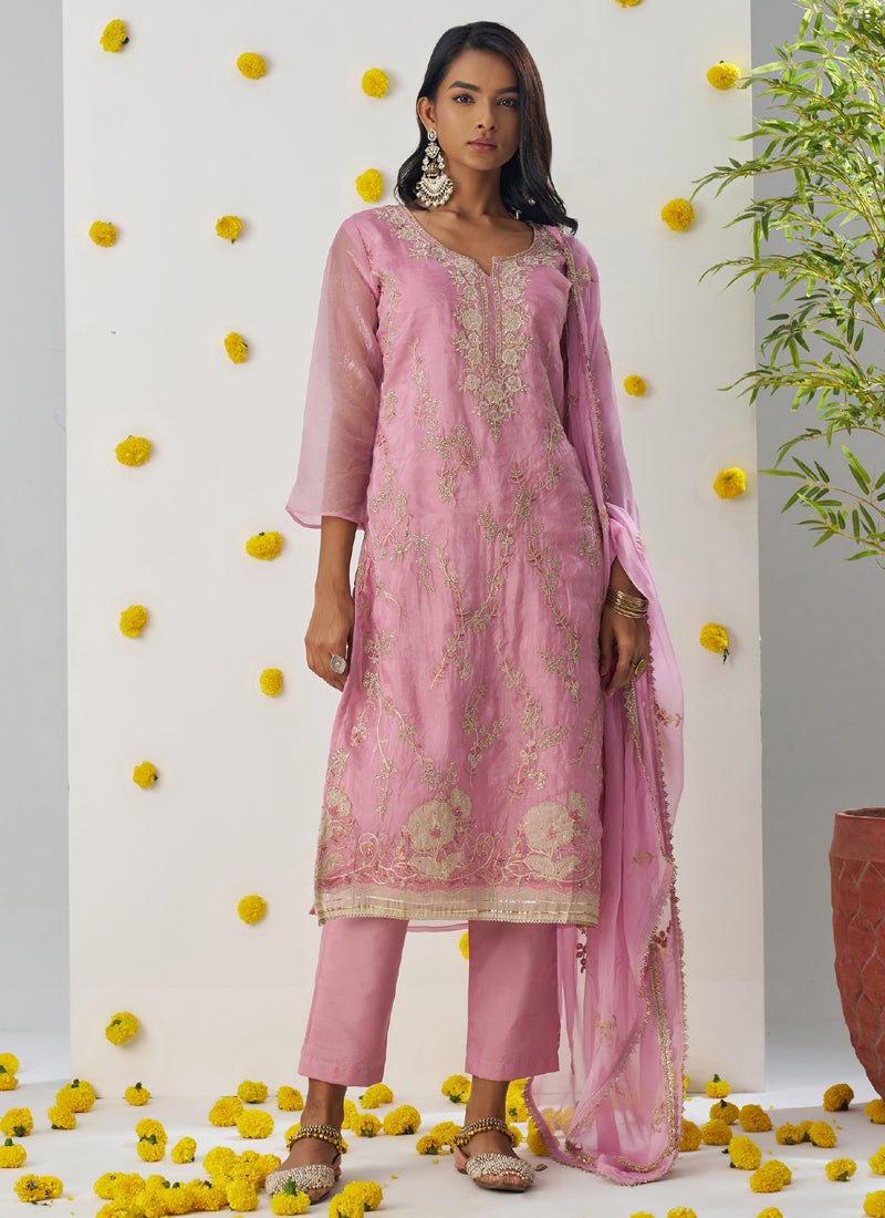 Vegaa Fashion Baby Pink Organza Embroidered Salwar Suit | Grocsy