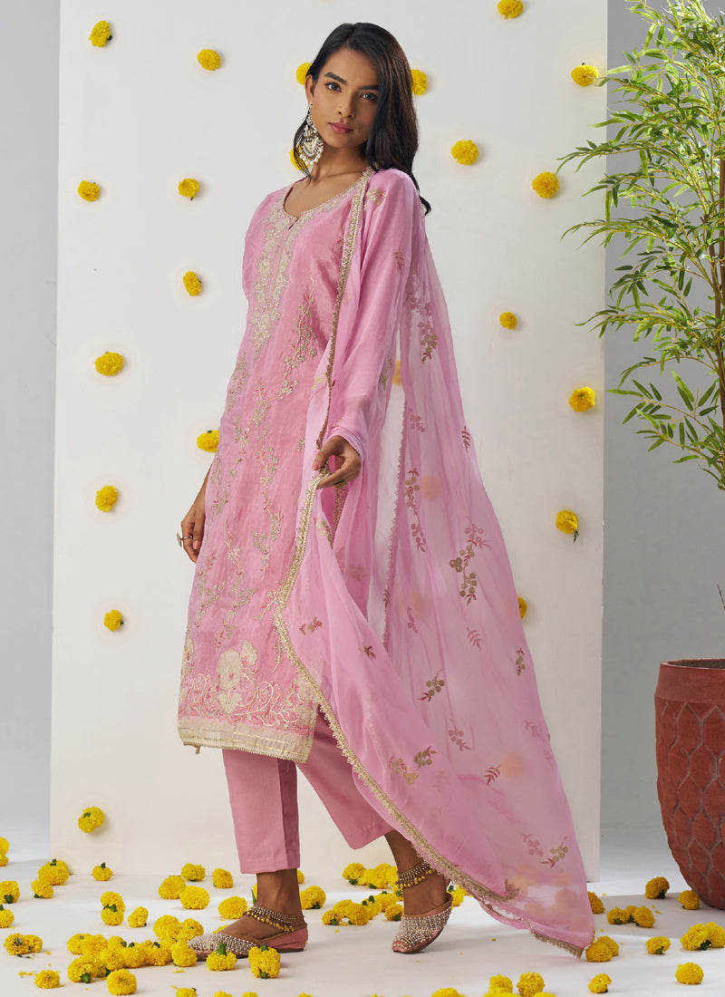 Vegaa Fashion Baby Pink Organza Embroidered Salwar Suit | Grocsy