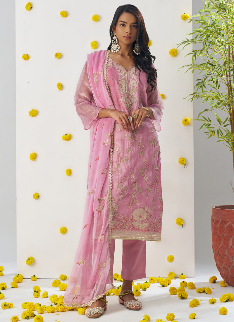 Vegaa Fashion Baby Pink Organza Embroidered Salwar Suit | Grocsy