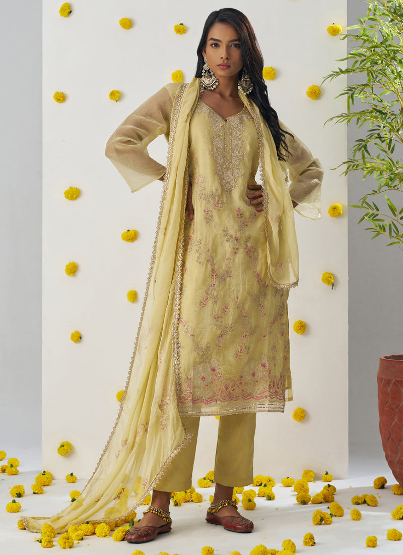 Vegaa Fashion Light Yellow Organza Embroidered Salwar Suit | Grocsy