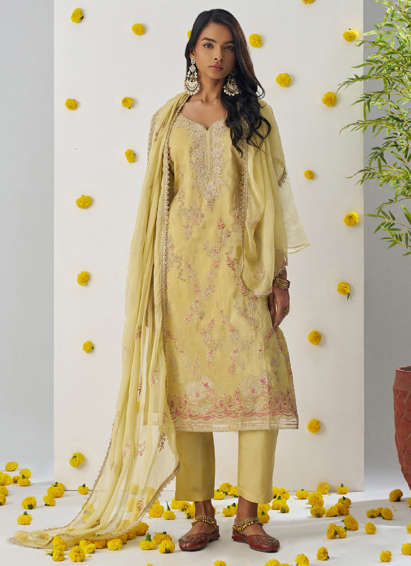 Vegaa Fashion Light Yellow Organza Embroidered Salwar Suit | Grocsy