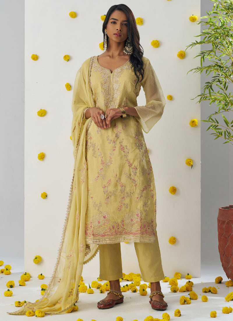 Vegaa Fashion Light Yellow Organza Embroidered Salwar Suit | Grocsy