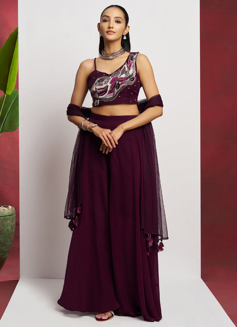 Vegaa Fashion Wine Georgette Khatli Work Western Sharara | Grocsy