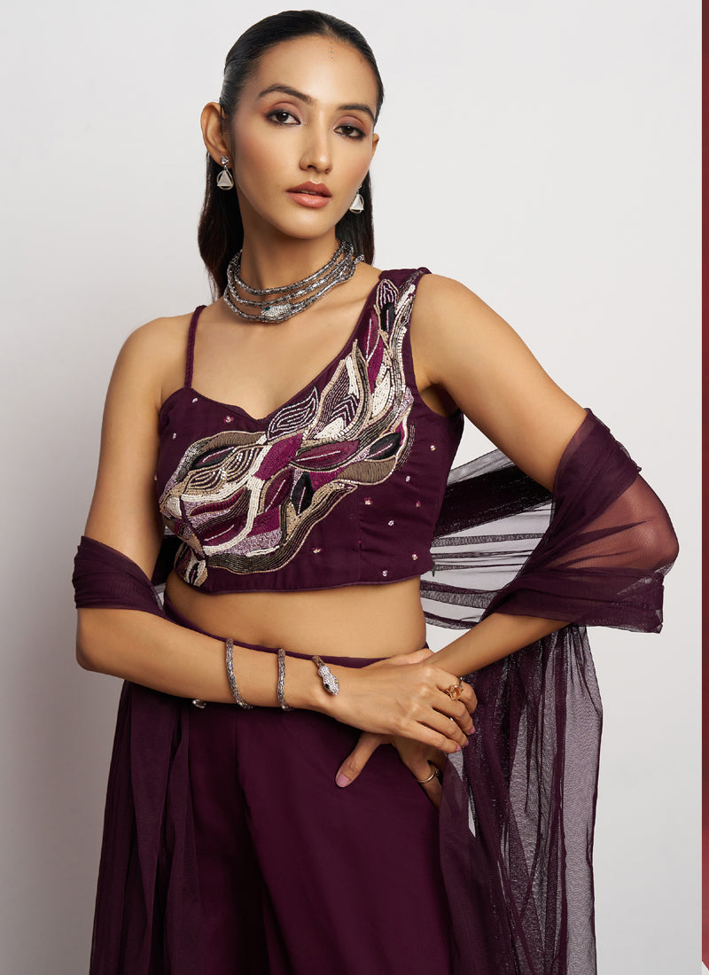 Vegaa Fashion Wine Georgette Khatli Work Western Sharara | Grocsy