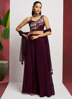 Vegaa Fashion Wine Georgette Khatli Work Western Sharara | Grocsy