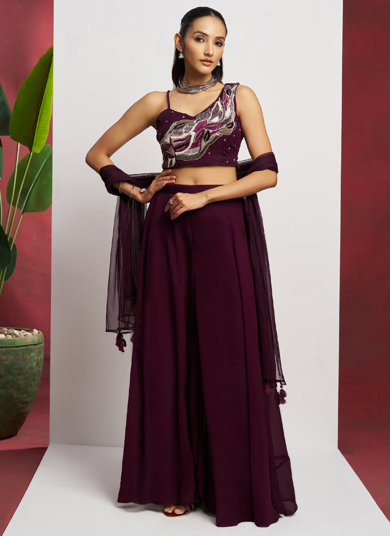 Vegaa Fashion Wine Georgette Khatli Work Western Sharara | Grocsy