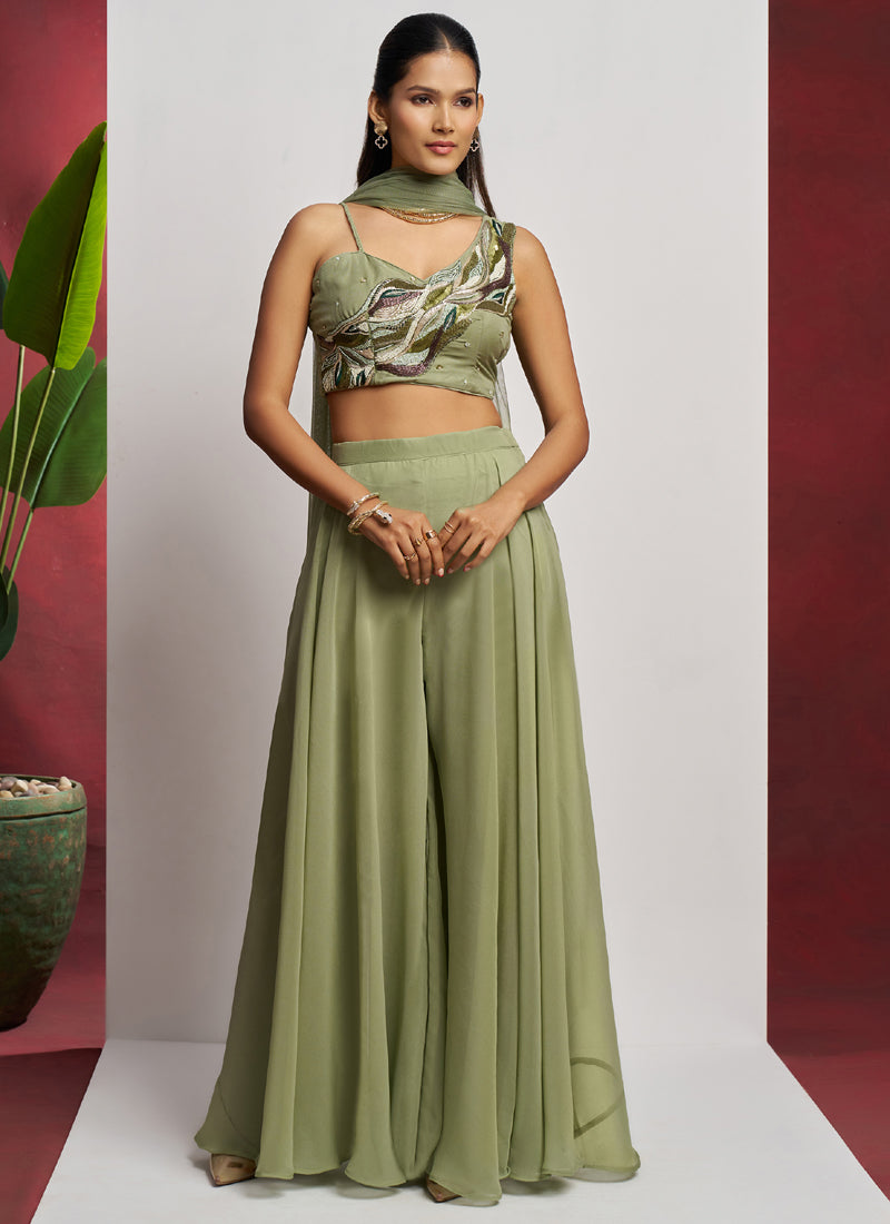 Vegaa Fashion Sea Green Georgette Khatli Work Western Sharara | Grocsy