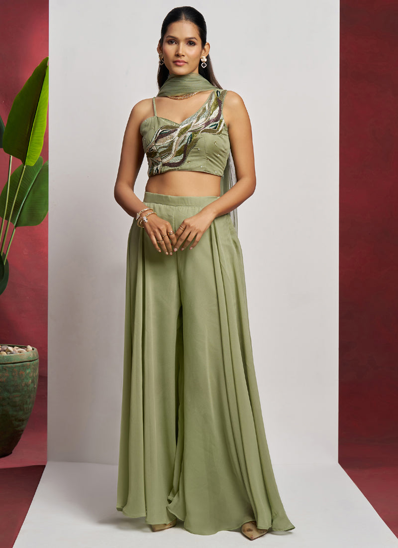 Vegaa Fashion Sea Green Georgette Khatli Work Western Sharara | Grocsy