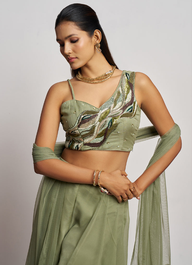 Vegaa Fashion Sea Green Georgette Khatli Work Western Sharara | Grocsy