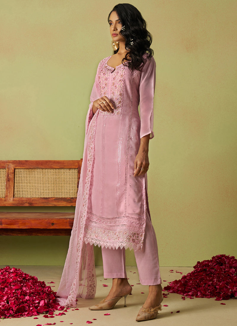 Vegaa Fashion Baby Pink Pure Organza Embroidered Salwar Suit | Grocsy