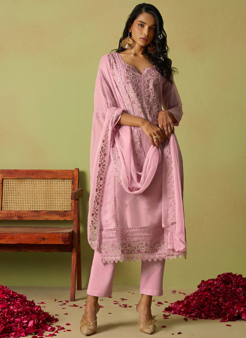 Vegaa Fashion Baby Pink Pure Organza Embroidered Salwar Suit | Grocsy