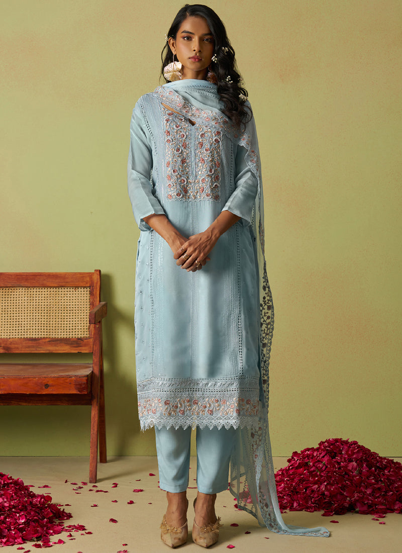 Vegaa Fashion Sky Blue Pure Organza Embroidered Salwar Suit | Grocsy