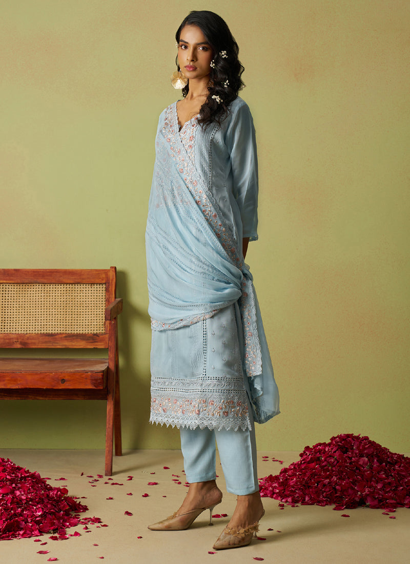 Vegaa Fashion Sky Blue Pure Organza Embroidered Salwar Suit | Grocsy