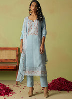 Vegaa Fashion Sky Blue Pure Organza Embroidered Salwar Suit | Grocsy