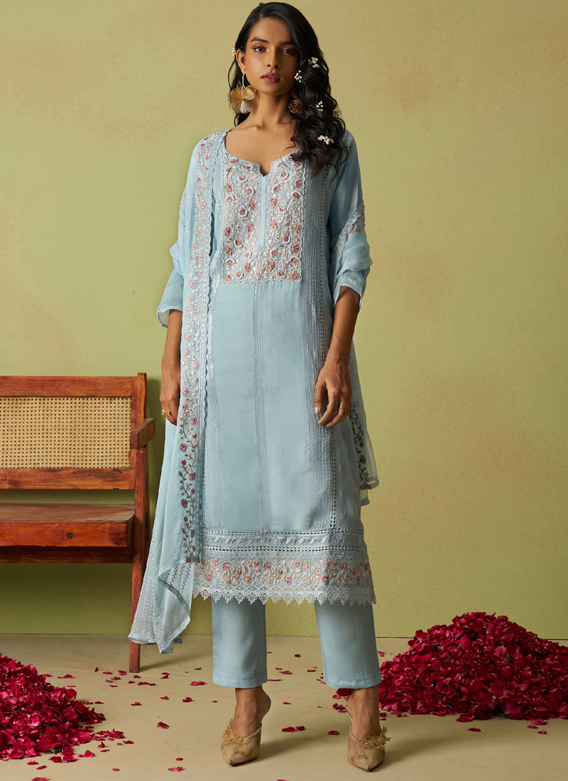 Vegaa Fashion Sky Blue Pure Organza Embroidered Salwar Suit | Grocsy