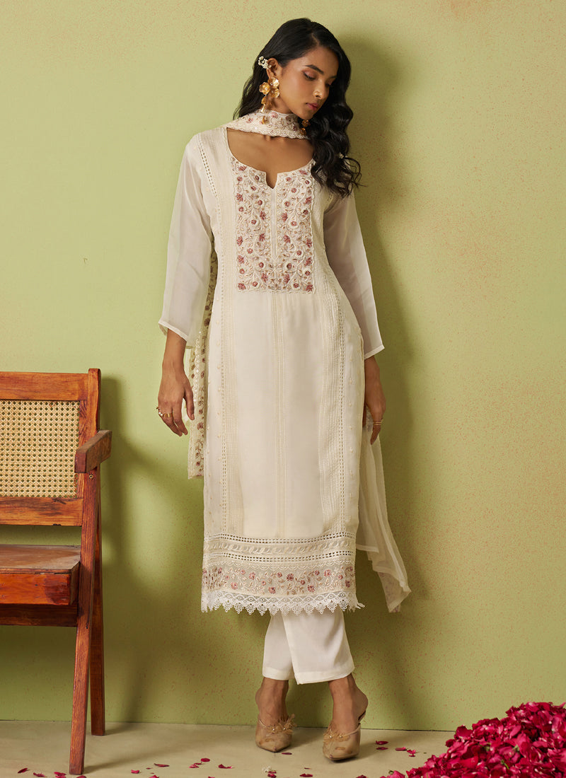 Vegaa Fashion Off White Pure Organza Embroidered Salwar Suit | Grocsy