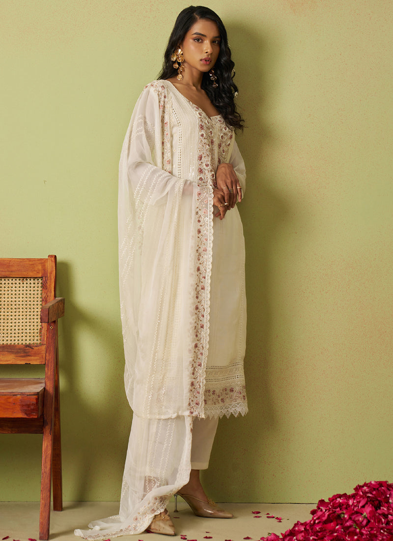 Vegaa Fashion Off White Pure Organza Embroidered Salwar Suit | Grocsy