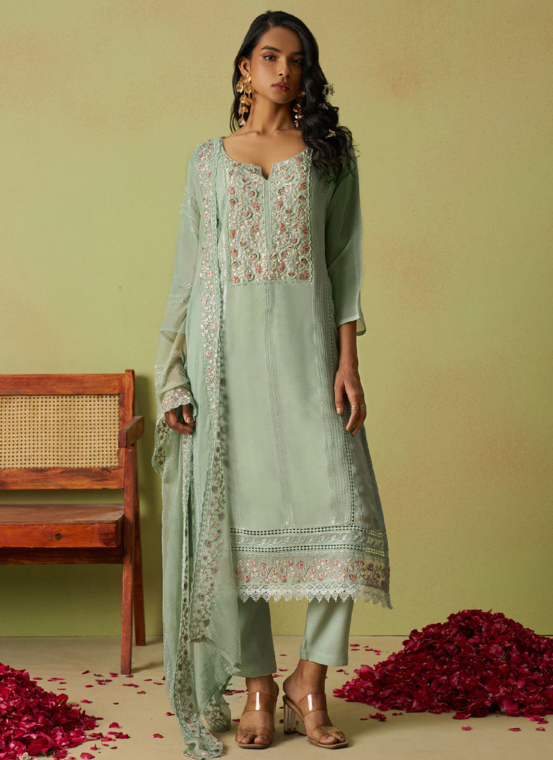 Vegaa Fashion Sea Green Pure Organza Embroidered Salwar Suit | Grocsy