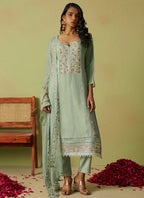 Vegaa Fashion Sea Green Pure Organza Embroidered Salwar Suit | Grocsy