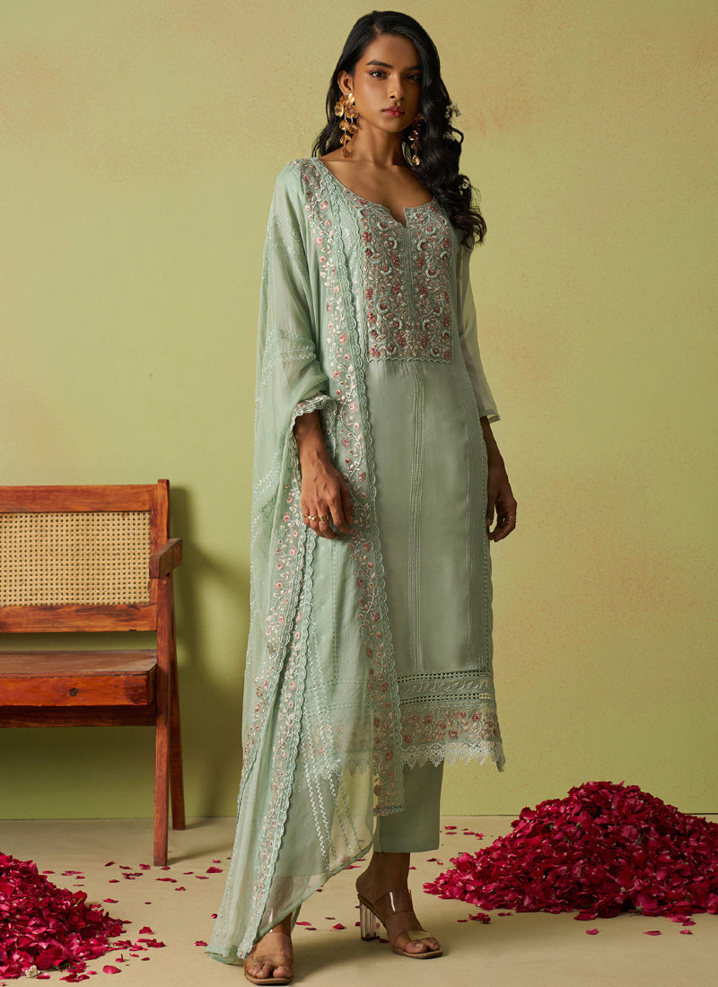 Vegaa Fashion Sea Green Pure Organza Embroidered Salwar Suit | Grocsy