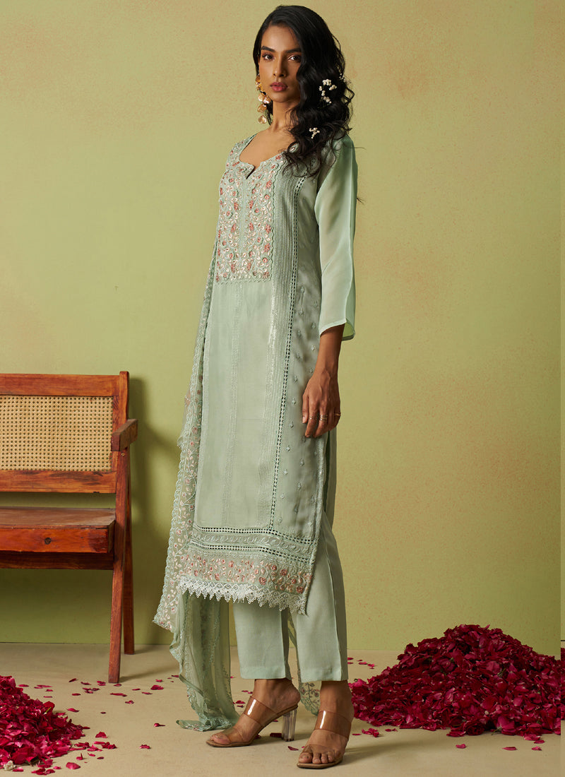 Vegaa Fashion Sea Green Pure Organza Embroidered Salwar Suit | Grocsy