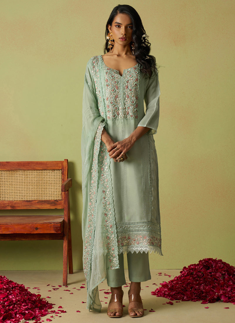 Vegaa Fashion Sea Green Pure Organza Embroidered Salwar Suit | Grocsy