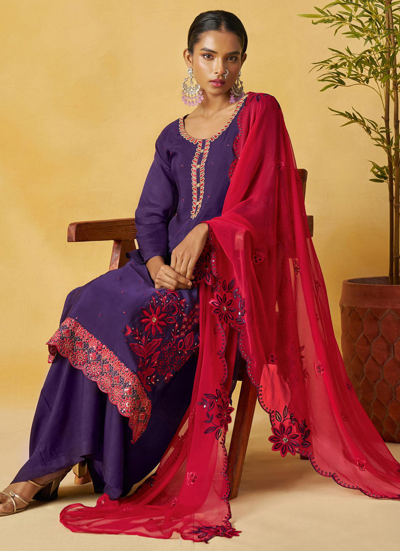 Vegaa Fashion Violet Organza Embroidered And Handwork Palazzo Suit | Grocsy