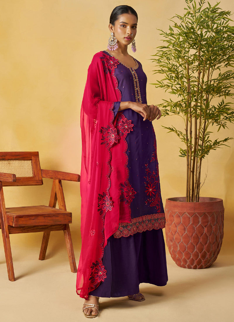 Vegaa Fashion Violet Organza Embroidered And Handwork Palazzo Suit | Grocsy