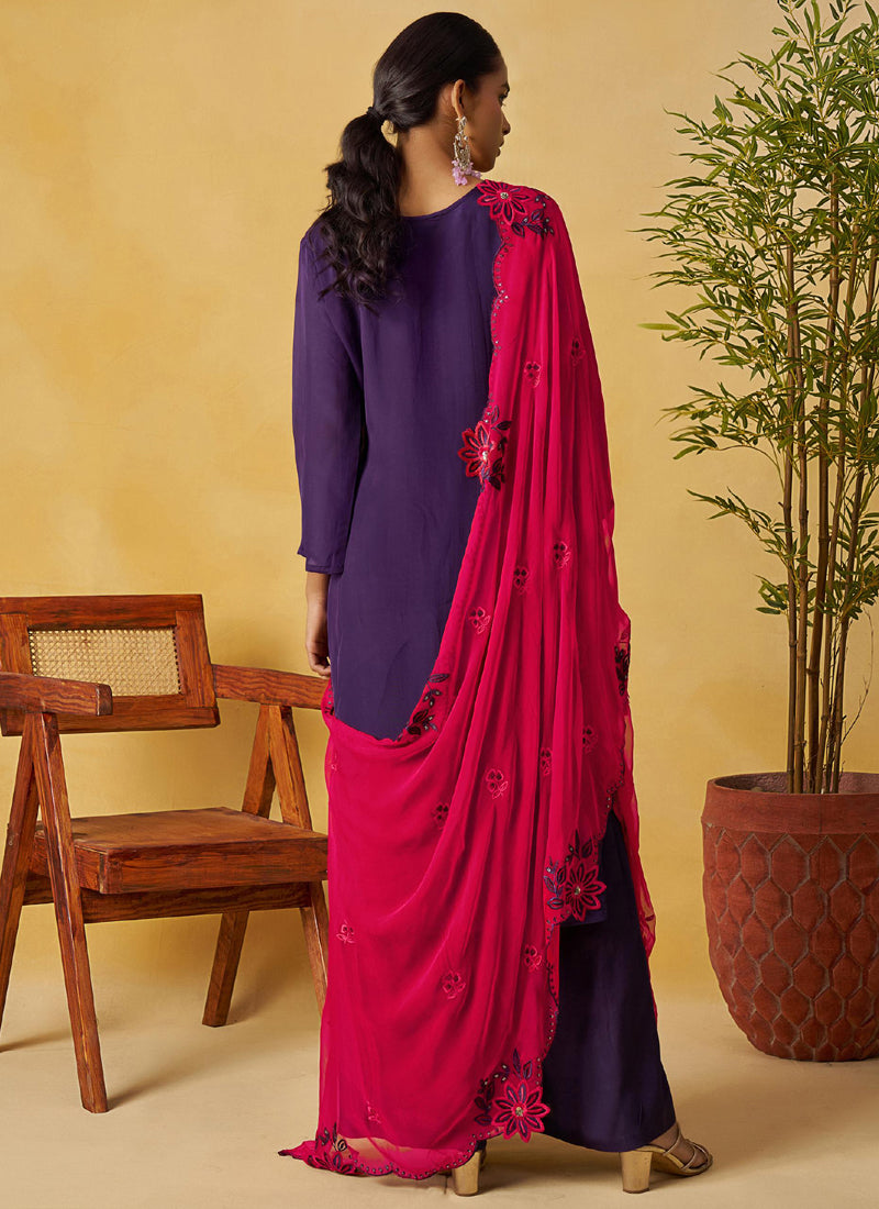 Vegaa Fashion Violet Organza Embroidered And Handwork Palazzo Suit | Grocsy