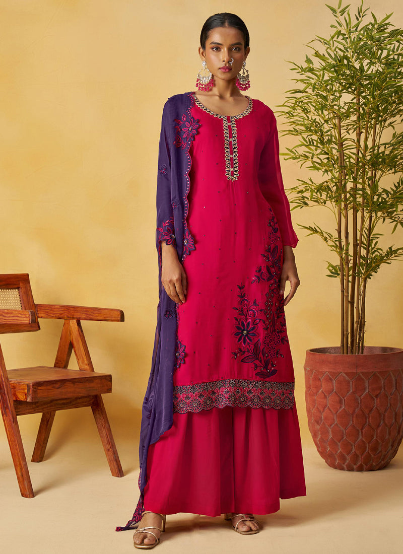 Vegaa Fashion Red Organza Embroidered And Handwork Palazzo Suit | Grocsy