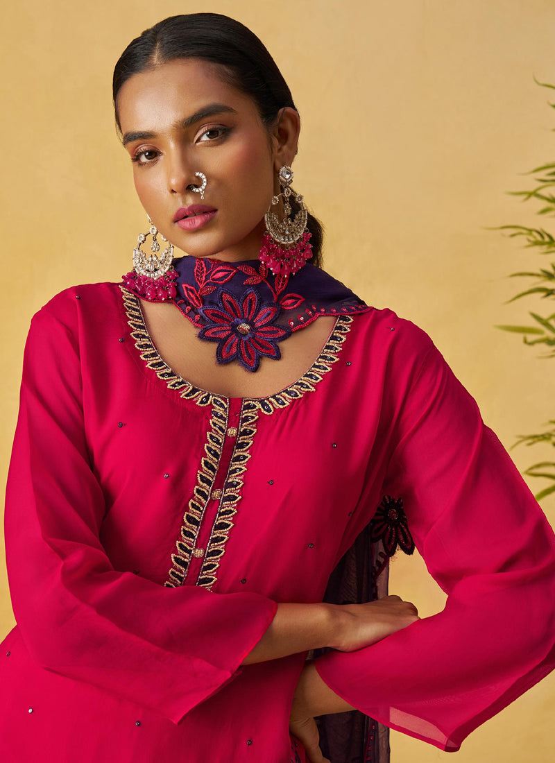 Vegaa Fashion Red Organza Embroidered And Handwork Palazzo Suit | Grocsy