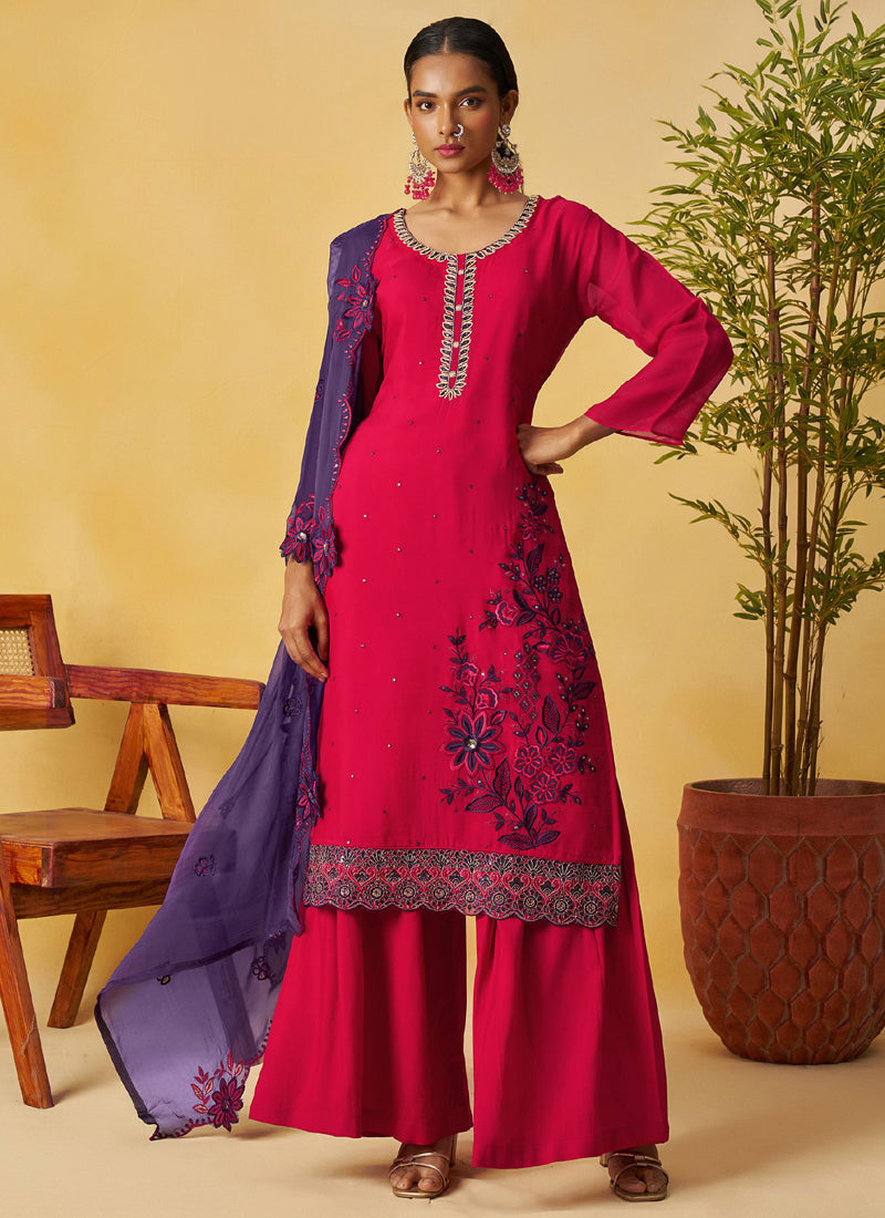 Vegaa Fashion Red Organza Embroidered And Handwork Palazzo Suit | Grocsy