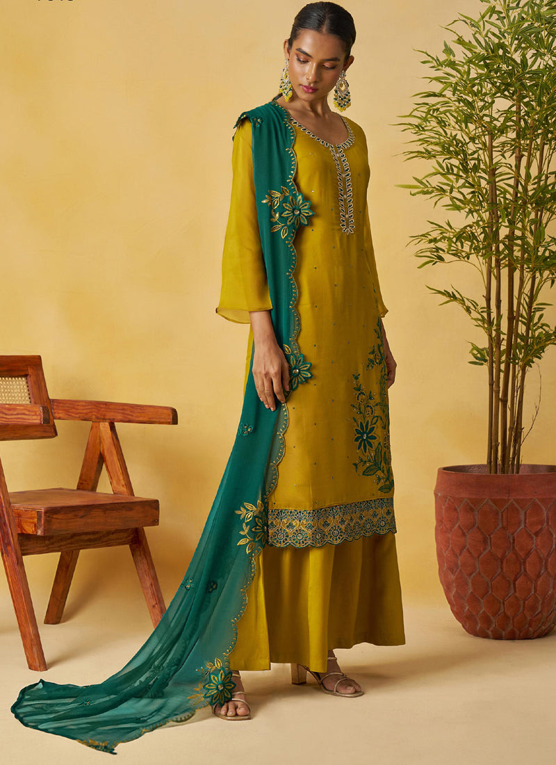 Vegaa Fashion Mustard Organza Embroidered And Handwork Palazzo Suit | Grocsy