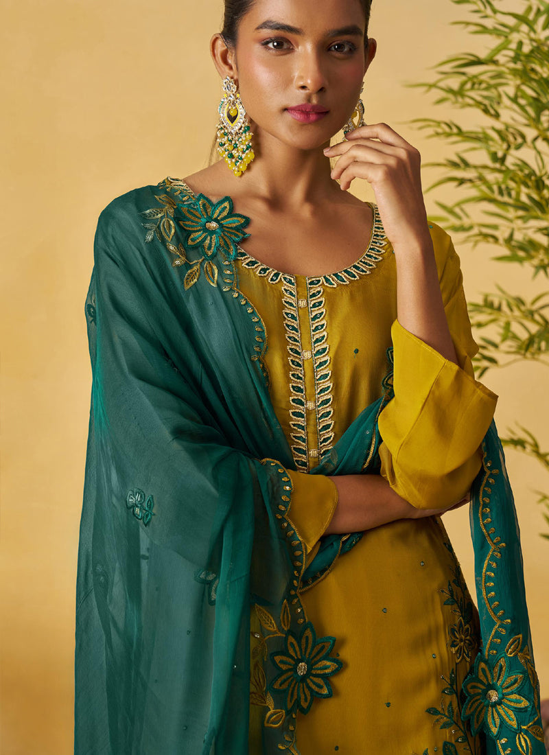Vegaa Fashion Mustard Organza Embroidered And Handwork Palazzo Suit | Grocsy