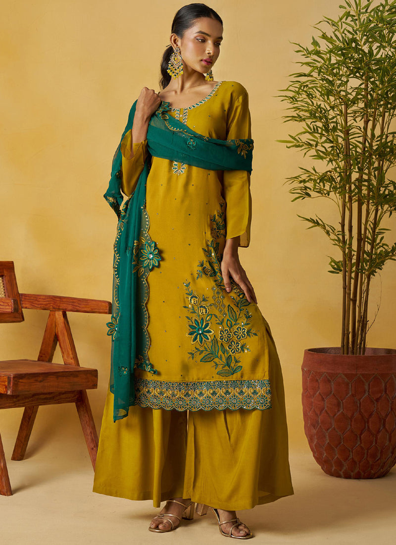 Vegaa Fashion Mustard Organza Embroidered And Handwork Palazzo Suit | Grocsy