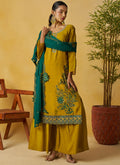 Vegaa Fashion Mustard Organza Embroidered And Handwork Palazzo Suit | Grocsy